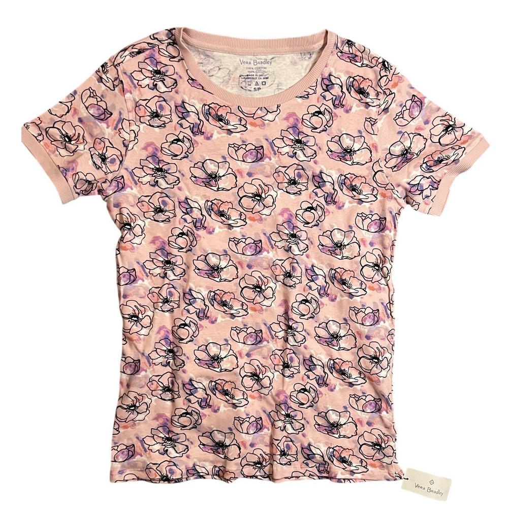 Vera Bradley Women's Ribbed Pajama Shirt Anemone Watercolor Pink Cotton Small